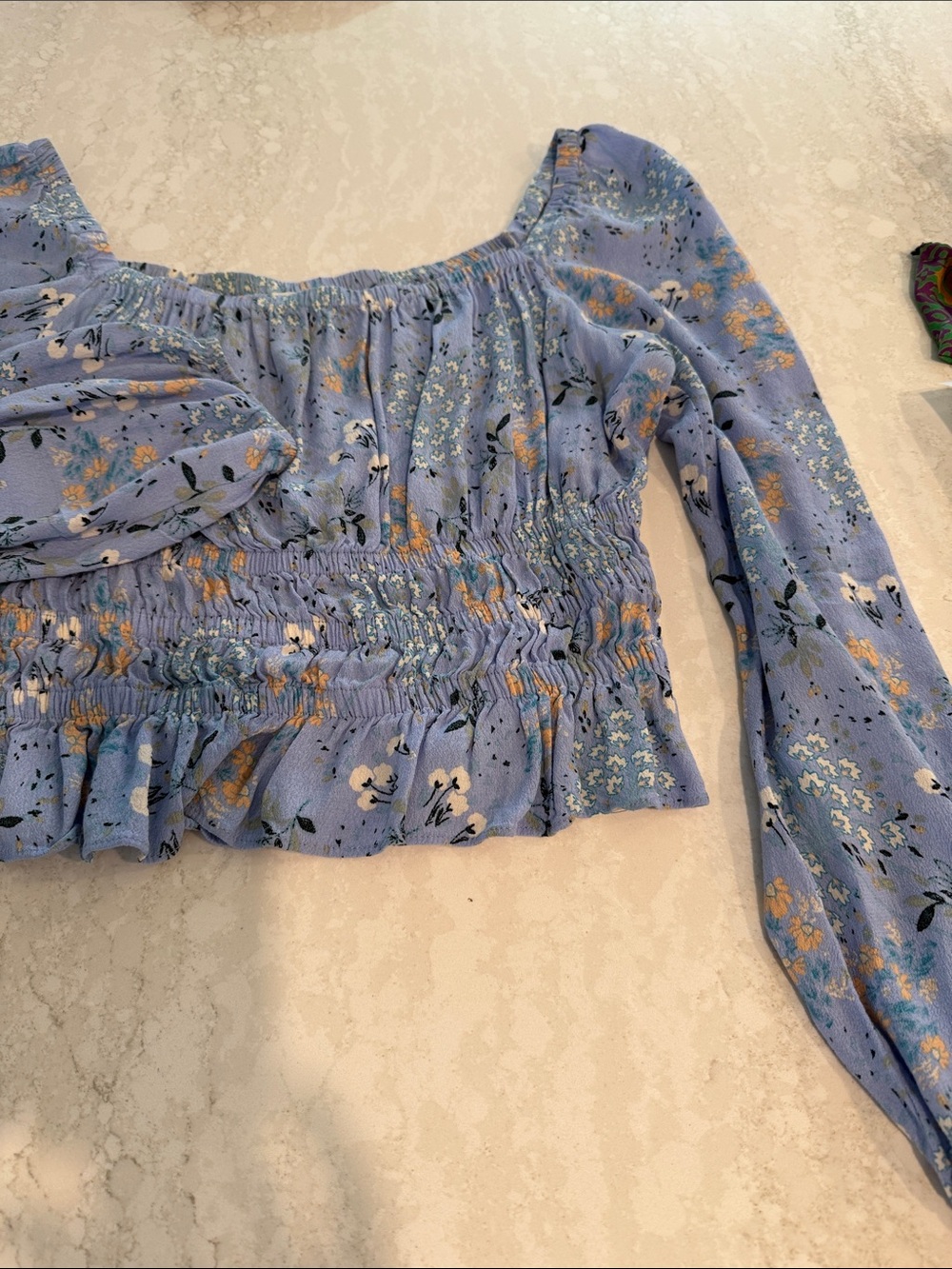 ASTR Smocked Floral Square-Neck Top - Light Blue